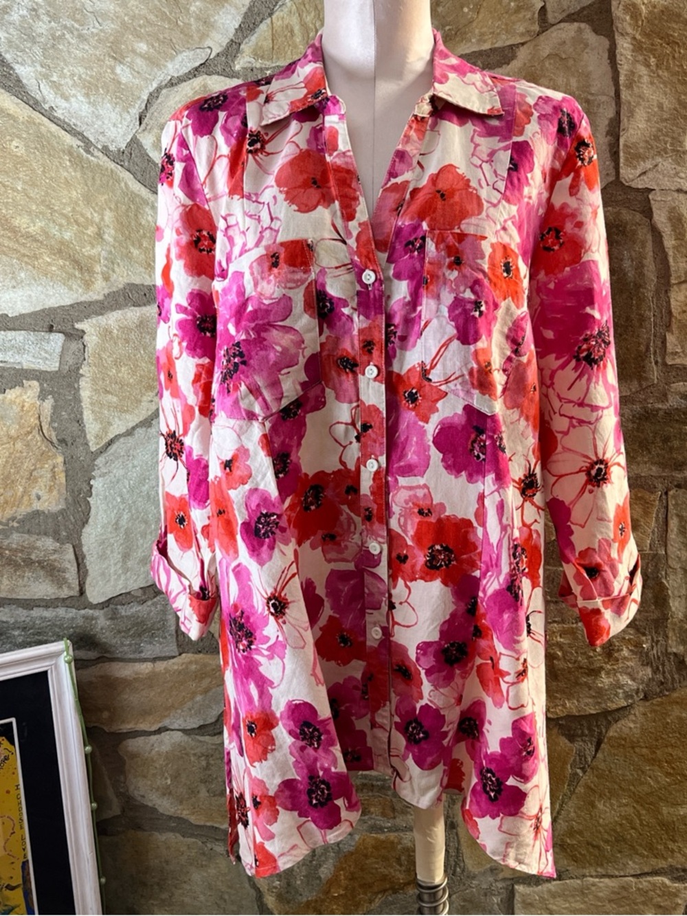 Jones New York Sport Woman Linen Floral Button Up Top | Size 0X